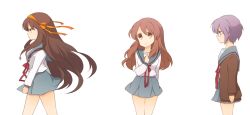  3girls asahina_mikuru bad_id bad_pixiv_id blue_sailor_collar blue_skirt brown_cardigan brown_eyes brown_hair cardigan glasses hair_ribbon kinokosuke kita_high_school_uniform long_hair multiple_girls nagato_yuki official_alternate_hair_length official_alternate_hairstyle purple_hair ribbon sailor_collar school_uniform serafuku skirt suzumiya_haruhi suzumiya_haruhi_no_yuuutsu winter_uniform 