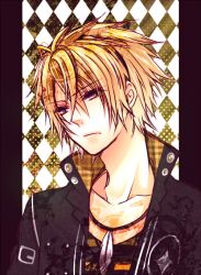  1boy amnesia_(idea_factory) argyle_background bad_id bad_pixiv_id blonde_hair expressionless feathers jacket jewelry male_focus necklace solo toma_(amnesia) yamika yellow_eyes 