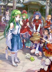  6+girls 77gl aki_minoriko aki_shizuha animal_ears black_hair blonde_hair blue_eyes blue_hair bow camera closed_eyes commentary_request detached_sleeves everyone frog frog_hair_ornament front_ponytail gohei green_eyes green_hair hair_ornament hair_tubes hairbow hat highres inubashiri_momiji kagiyama_hina kawashiro_nitori kneehighs kochiya_sanae long_hair moriya_suwako mountain_of_faith multiple_girls pointy_ears red_eyes sandals shameimaru_aya short_hair skirt smile snake socks stone_lantern string_phone tail tokin_hat touhou white_hair white_socks wolf_ears wolf_tail yasaka_kanako 