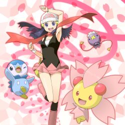  absurdres arm_up armpits beanie black_socks blue_eyes blue_hair boots bracelet cherrim cherrim_(sunshine) commentary_request dawn_(pokemon) drifloon female hat highres jewelry jinteitei kneehighs legs long_hair pink_footwear pokemon pokemon_(creature) pokemon_dppt red_scarf scarf skirt socks 