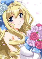  bad_id bad_pixiv_id blonde_hair blue_eyes bouquet bridal_veil cecilia_alcott commentary_request dress female flower gloves hairband infinite_stratos long_hair rose tiara veil wedding_dress yamaki_suzu 