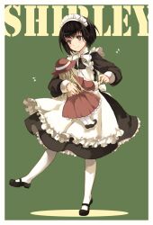  apron bad_id bad_pixiv_id black_hair bob_cut bow bowtie character_name dancing doll female frills full_body green_background grey_eyes headdress hug hugging_doll hugging_object leg_lift light_smile maid maid_headdress mary_janes musical_note shiina_aya shirley_(manga) shirley_medison shoes short_hair simple_background solo standing standing_on_one_leg thighhighs victorian white_thighhighs 