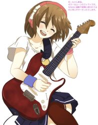  aged_down blush closed_eyes commentary_request electric_guitar female guitar instrument kanipanda meiko_(vocaloid) open_mouth photoshop_(medium) short_hair simple_background skirt smile solo thighhighs translated vocaloid white_background 