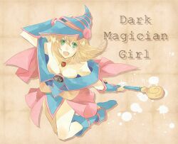  bare_shoulders blonde_hair blue_footwear boots breasts character_name cleavage commentary_request dark_magician_girl detached_sleeves duel_monster female green_eyes hat kamaya long_hair medium_breasts pentacle sepia_background solo staff wand wizard_hat yu-gi-oh! 