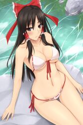  akitsuki_karasu bare_shoulders bikini black_eyes black_hair blush bow breasts cleavage commentary_request female front-tie_top hair_tubes hairbow hakurei_reimu halterneck highres large_breasts long_hair navel red_bow river side-tie_bikini_bottom sitting solo string_bikini swimsuit thigh_gap touhou water 