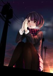  bad_id bad_pixiv_id black_hair black_pantyhose breath female highres night night_sky open_mouth original outdoors pantyhose plaid plaid_scarf power_lines praying razu_(rus) red_eyes scarf school_uniform skirt sky solo star_(sky) starry_sky sunset transformer utility_pole 