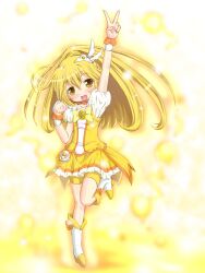  :d arm_up blonde_hair blush bow choker commentary_request cure_peace eyelashes female highres leg_up long_hair magical_girl open_mouth orange_choker photoshop_(medium) ponytail precure sakuraebi_chima shorts shorts_under_skirt skirt smile smile_precure solo standing standing_on_one_leg v wrist_cuffs yayoi_kise yellow_bow yellow_eyes yellow_shorts yellow_skirt yellow_theme 