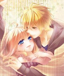  1boy amnesia_(idea_factory) bad_id bad_pixiv_id blanket blonde_hair blue_eyes brown_hair couple female heroine_(amnesia) jacket short_hair smile straight toma_(amnesia) yamika yellow_background yellow_eyes 