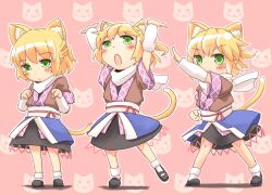  aged_down animal_ears arm_up arm_warmers arms_up blonde_hair blush cat_ears cat_tail clenched_hand commentary_request extra_ears female green_eyes henshin_pose kemonomimi_mode kokotetsu lolicon mary_janes meme mizuhashi_parsee multiple_views obi open_mouth parody pointy_ears puru-see_(hoshizuki_(seigetsu)) sash shirt shoes short_hair skirt tail taiyou_iwaku_moe_yo_chaos touhou 