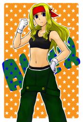  alex_(street_fighter) bare_shoulders blonde_hair blue_eyes capcom_fighting_jam clenched_hand commentary_request crop_top female frogcage genderswap_(mtf) gloves hand_on_own_hip headband long_hair midnight_bliss midriff navel overalls rule_63 street_fighter street_fighter_iii_(series) tank_top 