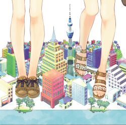  2girls bare_legs cityscape commentary_request feet legs multiple_girls namanie no_socks original photoshop_(medium) sandals shorts toes 