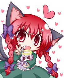  2girls animal_ears blush bow braid cat_ears cat_tail chibi commentary_request dress green_dress grey_hair hairbow halo heart kaenbyou_rin komakoma_(magicaltale) long_hair multiple_girls oerba_yun_fang red_eyes red_hair solid_circle_eyes tail touhou twin_braids v very_long_hair white_background zombie_fairy_(touhou) 