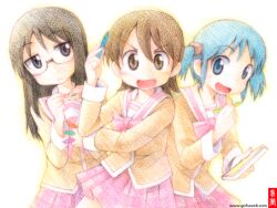  3girls :d aioi_yuuko black_eyes black_hair blue_eyes blue_hair brown_eyes brown_hair commentary_request coupy_pencil_(medium) crayon glasses gofu holding long_hair minakami_mai multiple_girls naganohara_mio nichijou open_mouth pencil plaid plaid_skirt pleated_skirt school_uniform semi-rimless_eyewear simple_background skirt smile tokisadame_school_uniform traditional_media twintails under-rim_eyewear watermark web_address 