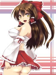  ass bow breasts brown_hair commentary_request detached_sleeves female hair_tubes hairbow hakurei_reimu highres large_breasts long_hair looking_at_viewer looking_back open_mouth photoshop_(medium) red_bow red_skirt ribbon sarashi sibata skirt solo touhou underwear yellow_eyes 