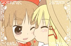  2girls blonde_hair blush brown_hair closed_eyes commentary_request hat heart ibuki_suika kissing kissing_cheek long_hair morioka_itari moriya_suwako multiple_girls one_eye_closed thick_eyebrows touhou yuri 