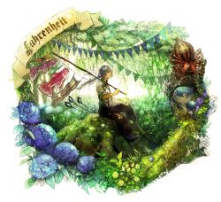  1boy black_pants blue_flower bug character_request chibi_(shimon) commentary_request dappled_sunlight fishing_rod floating_hair flower forest from_side grey_hair holding hydrangea koinobori livly livly_island long_hair male_focus morning_glory moss mushroom nature on_ground pants pennant personification plant ponytail purple_flower scenery shirt shoes sitting sleeves_rolled_up solo spider string_of_flags sunlight suspenders white_shirt windsock 