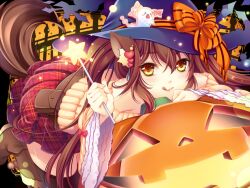  :q animal_ears belt_pouch black_thighhighs blush bow brown_hair cat_ears cocoa_(cafe-hotcocoa) commentary_request female halloween hat jack-o&#039;-lantern looking_at_viewer orange_eyes original plaid plaid_skirt pouch skirt solo star_(symbol) tail thighhighs tongue tongue_out twintails wand witch_hat 