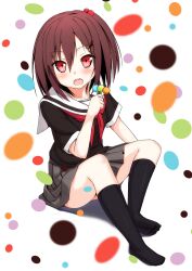  black_socks blush brown_hair candy commentary_request female food hair_bobbles hair_ornament hairclip lollipop morinaga_koeda no_shoes open_mouth original red_eyes school_uniform short_hair side_ponytail sitting socks solo takanashi_sora_(soramyon) 