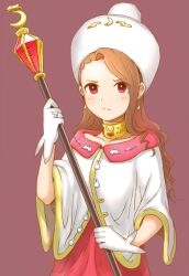  blush brown_hair collar commentary_request crescent crescent_earrings dani-ikapi earrings female gloves hat idolmaster idolmaster_(classic) jewelry long_hair minase_iori red_eyes ring scepter solo 