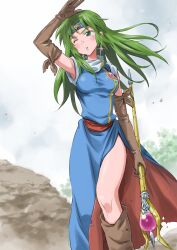  armpit_peek blue_lips breasts commentary_request dragon_slayer_(series) dress earrings elbow_gloves female gloves green_eyes green_hair headband highres isedaichi_ken jewelry lipstick long_hair makeup medium_breasts one_eye_closed shading_eyes shirt side_slit single_earring sorcerian staff taut_clothes taut_shirt 