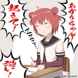  ahoge akaza_akari chair commentary_request double_bun drooling female hair_bun k-suwabe mechanical_pencil nanamori_school_uniform on_chair pencil school_uniform serafuku sitting solo table translation_request yuru_yuri zzz 