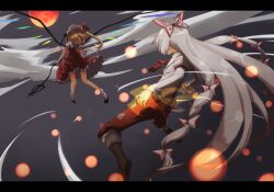  2girls blonde_hair boots commentary_request dress flaming_hand flandre_scarlet fujiwara_no_mokou full_moon glowing glowing_eye hair_ribbon hat kokotetsu laevatein_(touhou) letterboxed long_hair mary_janes moon multiple_girls red_dress red_eyes red_moon ribbon shoes short_hair side_ponytail suspenders touhou very_long_hair white_hair wings 