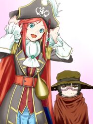  2girls :d ascot belt black_hair blue_eyes blush chiaki_kurihara commentary_request emeraldas epaulettes glasses hair_ornament hairclip harlock_saga hat hat_feather katou_marika long_hair miniskirt_pirates multiple_girls ooyama_toshiro open_mouth pink_hair pirate pirate_hat queen_emeraldas saber_(weapon) skull_and_crossbones smile sword weapon zanpan526 