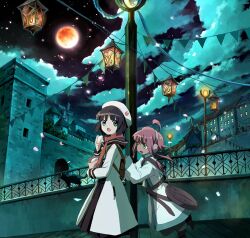  2girls ahoge aqua_eyes bad_id bad_pixiv_id black_hair castle feline full_moon hat moon multiple_girls night original pink_hair yohsuke_(kanoto_yousuke) 