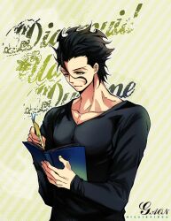  1boy ahoge bad_id bad_pixiv_id black_hair book bookmark casual character_name diarmuid_ua_duibhne_(lancer)_(fate) fate/zero fate_(series) gaon_(hisuikairou) male_focus mole photoshop_(medium) solo writing yellow_background yellow_eyes 