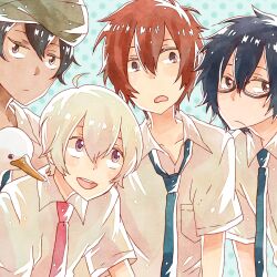  4boys akira_agarkar_yamada bird black_hair blonde_hair brown_eyes commentary_request duck glasses haru_(tsuritama) miso_(mimimiso) multiple_boys necktie open_mouth purple_eyes red_hair sanada_yuki school_uniform short_hair smile tan tapioka tsuritama turban usami_natsuki 