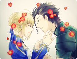  1boy ahoge artoria_pendragon_(fate) black_hair blonde_hair closed_eyes commentary_request diarmuid_ua_duibhne_(lancer)_(fate) dress fate/zero fate_(series) female flower hair_bun hair_ribbon ribbon saber_(fate) sachikan single_hair_bun 