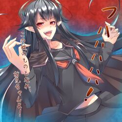  aura black_hair black_serafuku black_skirt blush cape commentary_request female fingernails horns long_hair neckerchief open_mouth original pointy_ears red_eyes school_uniform serafuku sharp_fingernails skirt solo translated ygo_(kintsuba) 