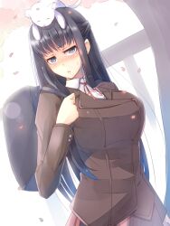  animal animal_on_head backpack bag black_eyes black_hair blush breasts cat_on_head commentary_request feline female grey_eyes large_breasts long_hair looking_at_viewer on_head open_mouth original petals school_uniform skirt solo stuffed_animal stuffed_toy ygo_(kintsuba) 