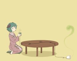  animal_ears commentary_request cup dress female green_eyes green_hair holding kasodani_kyouko kawashina_(momen_silicon) seiza sitting solo string string_phone table touhou yellow_background 