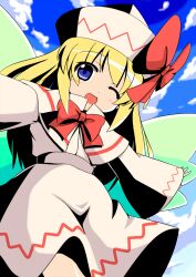  blonde_hair blue_eyes bow commentary_request female hat highres kamelie lily_white one_eye_closed open_mouth outstretched_arms skirt skirt_set smile solo touhou wide_sleeves wings 