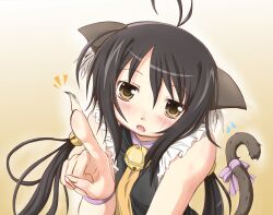  ahoge animal_ears bell blush cat_ears cat_tail claws commentary_request fangs female jingle_bell long_hair open_mouth original photoshop_(medium) pointing sakuraebi_chima solo tail twintails upper_body yellow_eyes 