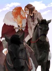  2boys armor bad_id bad_pixiv_id beard black_eyes black_hair bucephalus_(fate) cape coat facial_hair fate/zero fate_(series) hidekikawai horse iskandar_(fate) male_focus multiple_boys necktie red_hair waver_velvet 