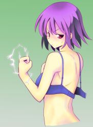  back blue_bra bra clenched_hand commentary_request electricity female lingerie nagae_iku no_headwear open_bra photoshop_(medium) purple_hair red_eyes scowl shiro_tou_umeshu short_hair simple_background solo touhou underwear underwear_only upper_body wrist_flexed 