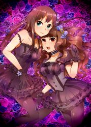  2girls bad_id bad_pixiv_id black_dress black_gloves black_gothic_dress_(idolmaster) bow bracelet brown_hair choker dress gloves green_eyes hair_ornament hairbow idolmaster idolmaster_cinderella_girls jewelry kamiya_nao long_hair looking_at_viewer masaki_(celesta) multiple_girls open_mouth pantyhose red_eyes shibuya_rin smile strap_slip 