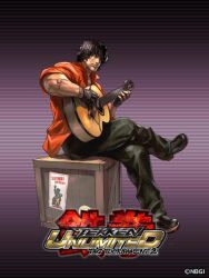  1boy black_hair crate guitar instrument junny male_focus manly miguel_caballero_rojo muscular muscular_male namco official_art solo tekken tekken_tag_tournament_2 