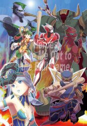  2girls 6+boys antonio_lopez armor barnaby_brooks_jr. baseball_bat baseball_mitt blue_rose commentary_request crystal_earrings dragon_kid earrings fire_emblem_(tiger_&amp;_bunny) hashi_moto hat helmet huang_baoling ivan_karelin jewelry kaburagi_t._kotetsu karina_lyle keith_goodman multiple_boys multiple_girls nathan_seymour origami_cyclone power_armor power_suit rock_bison sky_high_(tiger_&amp;_bunny) superhero_costume tiger_&amp;_bunny wild_tiger 