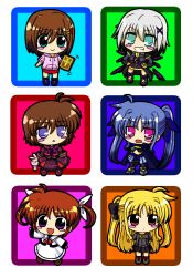  6+girls bad_id bad_pixiv_id blonde_hair blue_hair blush blush_stickers book brown_hair chibi fate_testarossa highres levi_the_slasher lord_dearche lyrical_nanoha magical_girl mahou_shoujo_lyrical_nanoha mahou_shoujo_lyrical_nanoha_a&#039;s mahou_shoujo_lyrical_nanoha_a&#039;s_portable:_the_battle_of_aces multiple_girls photoshop_(medium) purple_eyes red_eyes school_uniform seishou_elementary_school_uniform short_hair stern_the_destructor takamachi_nanoha thighhighs tome_of_the_night_sky twintails wakita_piyosuke wings yagami_hayate 