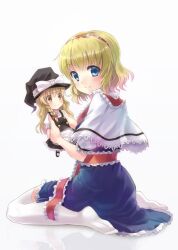  alice_margatroid blonde_hair blue_eyes braid capelet character_doll commentary_request doll dress female hairband hat highres holding hyuuga_azuri kirisame_marisa looking_at_viewer no_shoes sash single_braid sitting solo thighhighs touhou wariza white_thighhighs witch_hat 