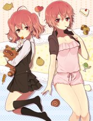  2girls aged_up ahoge bad_id bad_pixiv_id breasts cake cake_slice candy cleavage cocktail_glass cup drinking_glass dual_persona food heart holding inu_x_boku_ss large_breasts leaf lollipop multiple_girls no_shoes pink_eyes pink_hair pocky roromiya_karuta skirt sleepwear socks sweets swiss_roll tanuki tsukuyomi_03 twintails watanuki_banri 