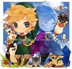  1boy bad_id bad_pixiv_id blonde_hair blue_eyes blue_hair brown_hair cape earrings female fi_(zelda) gloves harp hat instrument jedd jewelry kasano_(chinatsu) kikwi link machi_(zelda) mogma parella pointy_ears scrapper sheikah_stone smile the_legend_of_zelda the_legend_of_zelda:_skyward_sword 