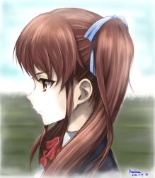  akazawa_izumi another brown_eyes brown_hair commentary_request dated eyelashes female hair_ribbon highres kem_kem long_hair portrait profile ribbon school_uniform signature solo tsurime twintails yomiyama_north_junior_high_school_uniform 