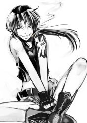  black_lagoon boots cigarette commentary_request crop_top cross-laced_footwear female fingerless_gloves gloves greyscale grin indian_style mito_(calcomer) monochrome ponytail revy_(black_lagoon) short_shorts shorts sitting smile smoking solo tattoo 