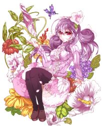  bad_id bad_pixiv_id bug butterfly female flower hair_flower hair_ornament hat highres himuro_shunsuke original petals purple_hair red_eyes sitting solo striped thighhighs 