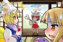  3girls :3 blood chen commentary hat ibuki_suika kodomo_no_hi morioka_itari multiple_girls nosebleed open_mouth paper_hat paper_kabuto smile sweatdrop touhou yakumo_ran 