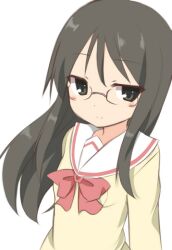  bad_id bad_pixiv_id black_eyes black_hair bow female glasses kou89 long_hair long_sleeves looking_at_viewer minakami_mai nichijou school_uniform serafuku simple_background smile solo tokisadame_school_uniform upper_body white_background 